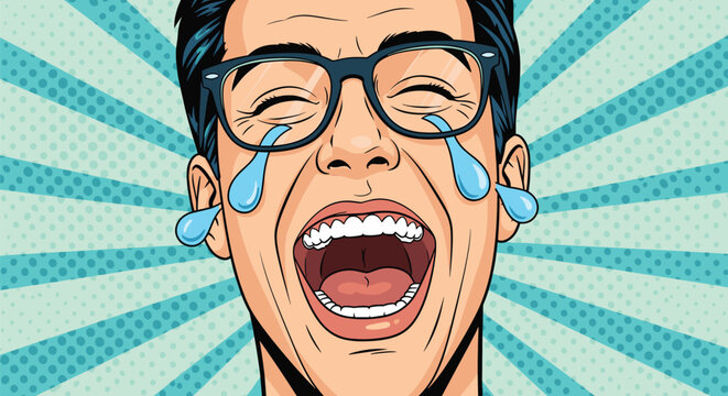 Laughing man with glasses shedding tears of joy in a classic pop art comic book style illustration on a blue sunburst background.