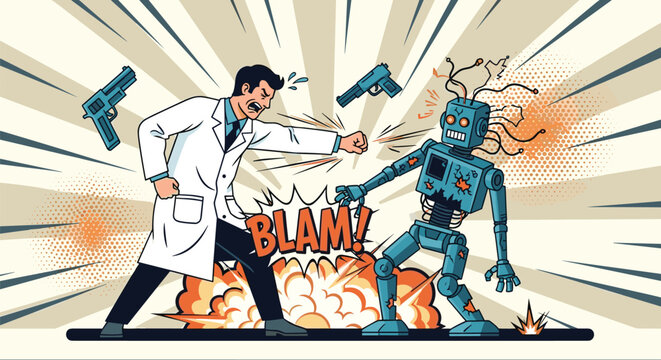 Scientist in a white lab coat punching a malfunctioning robot with an explosion effect in a dynamic retro comic book style illustration.