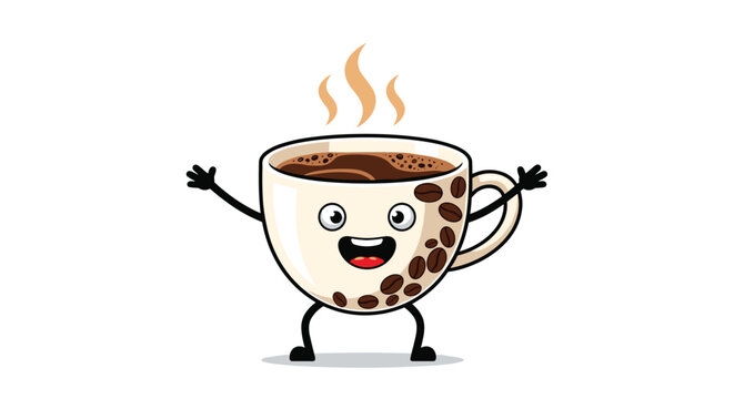Cheerful coffee cup character with a smiling face and bean patterns raising its arms in joy on a clean white background illustration.
