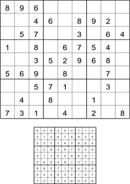 Sudoku puzzle and solution grid showing numbers in a 9x9 matrix on white background