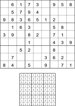 Sudoku puzzle and solution grid showing numbers in a logical arrangement on white background