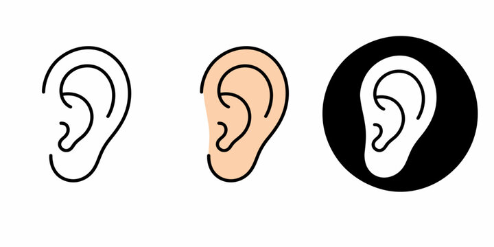 Three illustrations of human ears in different colors and backgrounds are shown.