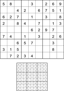 Sudoku puzzle and solution grid displayed on white background for logic game practice