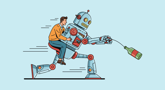 Man riding on the back of a running robot that is pulling a bottle in a retro comic book style adventure concept illustration.