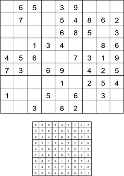Sudoku puzzle and solution grid appearing on white background for brain training and leisure activity