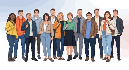 Fototapeta premium Large group of diverse young adults and students standing together in a friendly and inclusive community atmosphere.