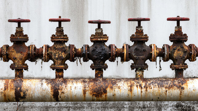 Rusty industrial valves arranged in a line, showcasing wear and tear, representing aging infrastructure and industrial decline.