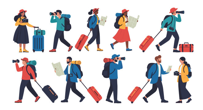 Collection of adventurous travelers carrying luggage and backpacks while using maps and binoculars to explore new destinations.