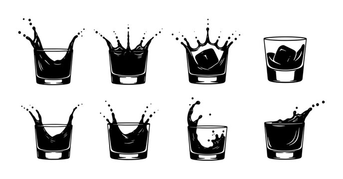 Dynamic Black Whiskey Splash Icons, Set of 8 Vector Graphics.  Alcoholic Drink Liquid Motion, Ice Cubes, Barware Elements for Beverage Design.