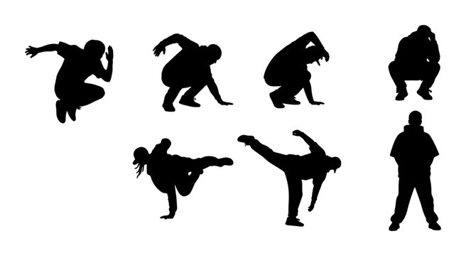 Urban Breakdance Silhouettes, Dynamic Hip Hop Dancers, Street Dance Poses, Athletic Figures, Black Vector Art for Lifestyle and Music Concepts