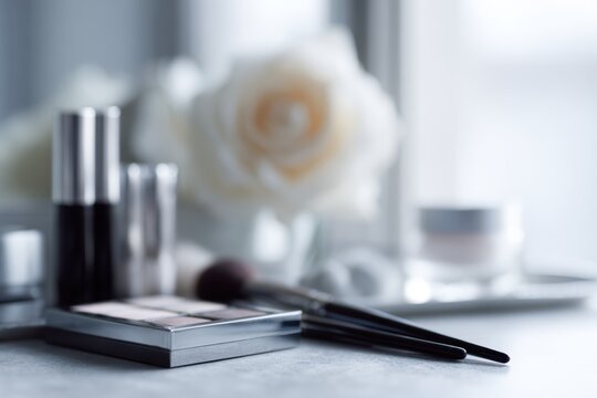 decorative cosmetics arranged on dressing table makeup routine concept