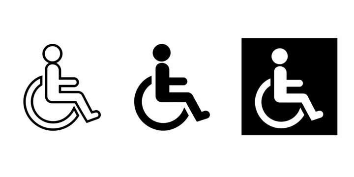 Three wheelchair accessibility symbols are shown in different styles and colors.