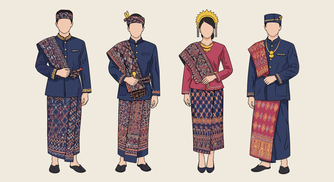 Four characters wearing different styles of traditional Indonesian festive attire with intricate patterns and golden headpieces.