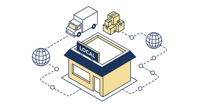 Isometric illustration of a local store connected to global logistics networks via delivery truck and shipping boxes