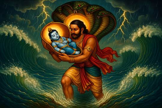 Father Vasudeva carrying his infant son Krishna across the Yamuna river with a cobra protecting him
