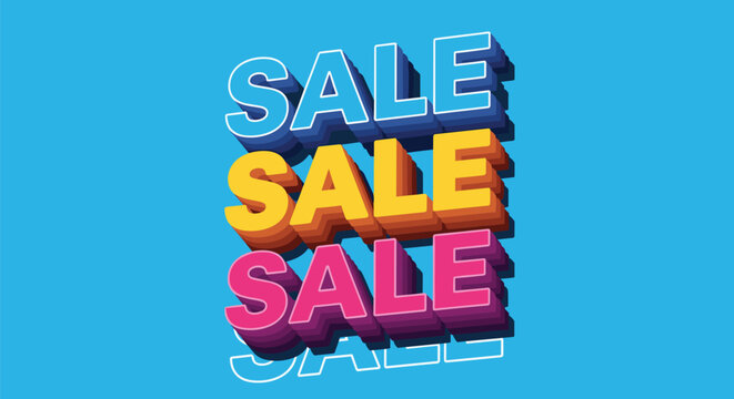 Big bold word SALE repeated three times in a colorful retro 3D font with depth and shadows against a solid blue background.