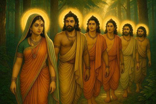 Five Pandava brothers and their wife Draupadi walking through a forest during their period of exile