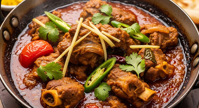 Mutton curry cooked in a traditional pan features tender meat garnished with fresh ginger and herbs.