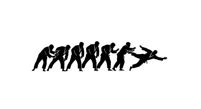 Martial arts fight sequence silhouette, evolution of combat, judo throw, karate chop, sumo wrestler