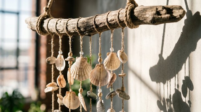 Beach shell wind chime - Handmade seashell wall decoration with driftwood and rope hanging on a neutral wall in soft morning light for a zen coastal interior design concept