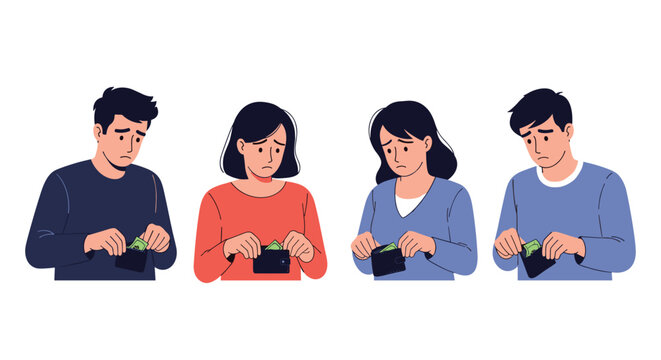 Four people looking sad while opening their empty wallets or wallets with very little money inside them in flat style.