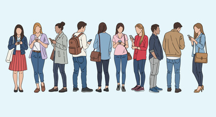 Obraz premium Line of young people standing together and focused on using their mobile phones while waiting in a queue on a blue background.
