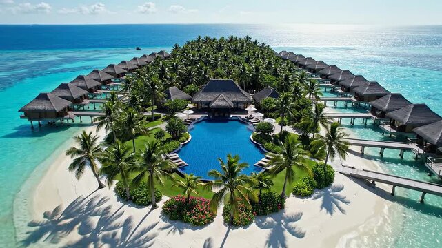 Overwater bungalows on tropical island representing the awe-inspiring power of nature
