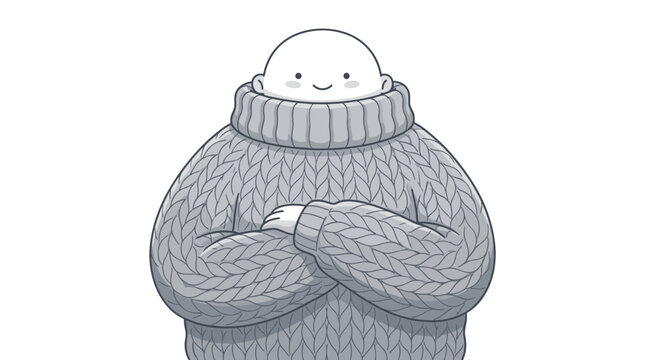 Whimsical cartoon character with a shy smile wearing an oversized chunky knit gray sweater arms crossed isolated
