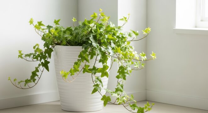 A lush trailing ivy vine cascading from a white ribbed ceramic planter, bringing natural beauty indoors.