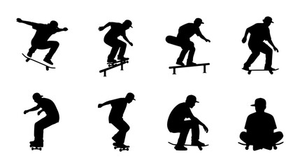 Skateboarder Silhouettes: Dynamic Action Poses, Urban Sport Icons, Extreme Lifestyle Graphics, Vector Set © Roksana