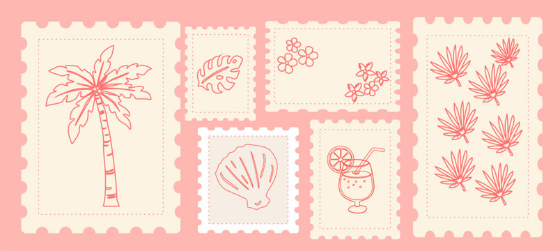 stamp set summer holiday hand drawn doodle vintage postage emblem Post label vector illustration
