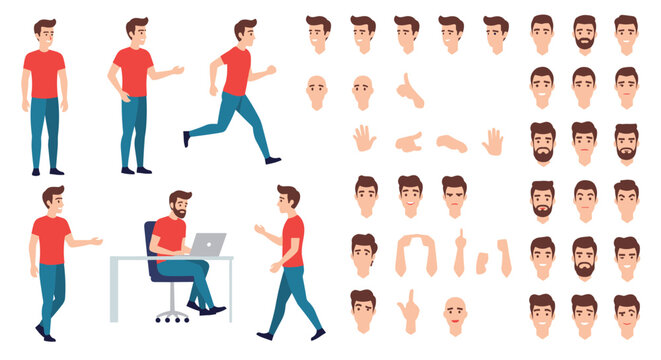 Versatile character design kit for a male figure showing various poses, facial expressions, and hand gestures for animation.