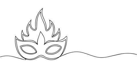 carnival mask  continuous one line drawing, Line art illustration of a decorative carnival mask with ribbon details. No editable strokes, carnival mask one line art, mardi gras lineart, black line © Line sA