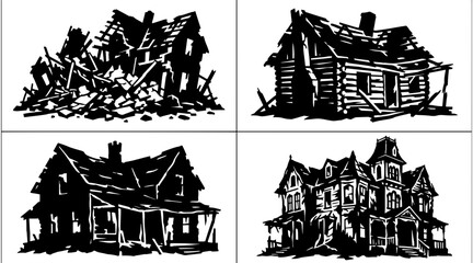 Obraz premium Set of four distressed and abandoned house illustrations