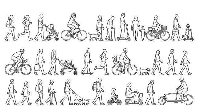 Diverse Human Silhouette Set: A series of meticulously drawn silhouettes depicting a range of activities. CAD Blocks Architectural Icon Sheet Vector