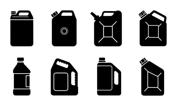 Set of 8 Black Silhouette Jerry Cans and Fuel Containers, Versatile Liquid Storage Icons for Industrial and Automotive Use