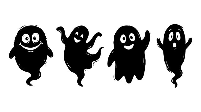 Four cartoon ghosts with different expressions on white background