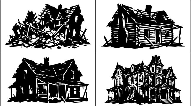 Set of four distressed and abandoned house illustrations