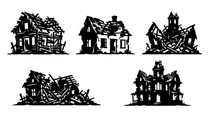 Obraz premium Collection of five distressed, dilapidated, and abandoned houses in silhouette