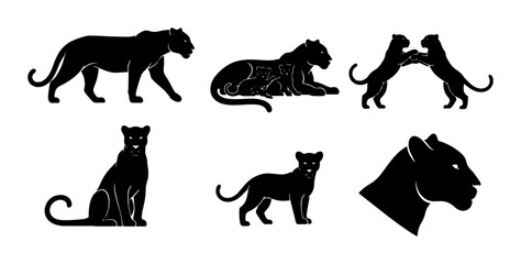 Black Panther Silhouettes Collection, Wild Cat Vector Icons, Feline Animal Poses, Majestic Big Cat Graphics, Powerful Predator Set © Roksana