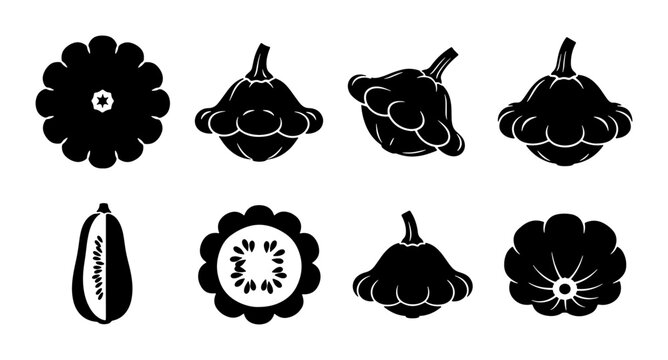 Pattypan Squash Vector Icons, Summer Squash Silhouette Collection, Scalloped Vegetable Graphics, Healthy Food Illustrations for Culinary Design