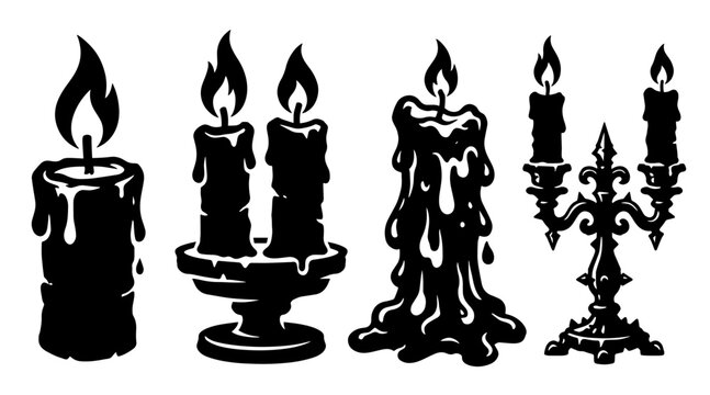 Set of four black candle silhouettes with flames and dripping wax