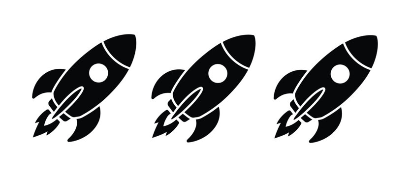 Black rocket icon vector illustration, simple isolated spaceship launch symbol for startup, space, technology, and innovation design