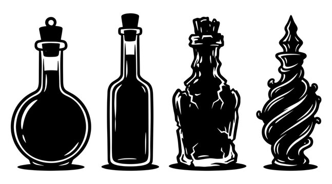 Four silhouette potion bottles with cork stoppers on white background