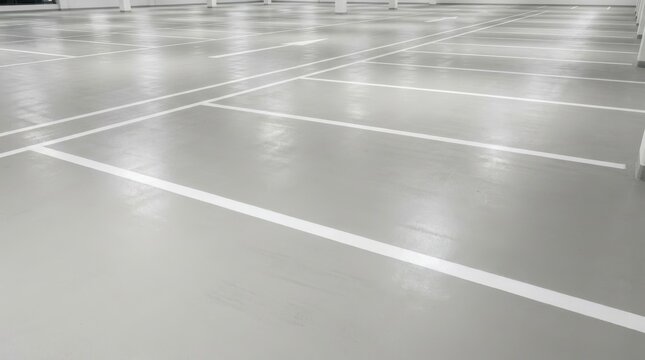 Empty multi-level parking garage interior with clean white lines marking vehicle spaces