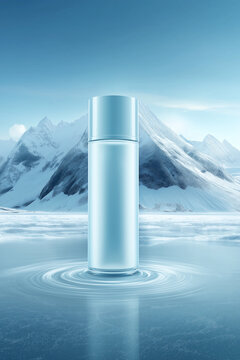 Modern water bottle on icy surface with snowy mountains backdrop  