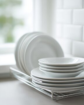 dish rack with clean plates in kitchen home chores concept