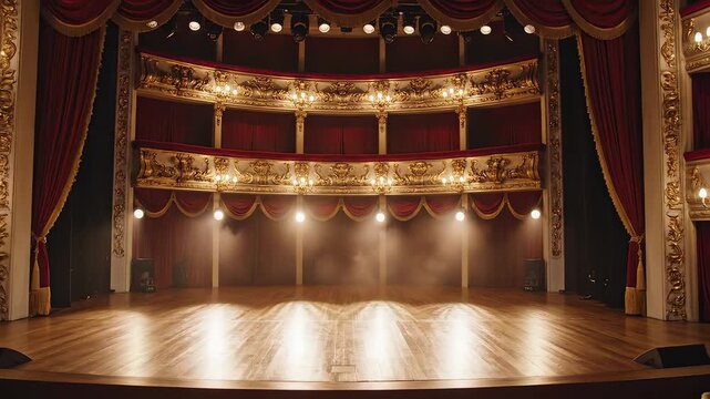 Theater stage with red curtains ideal for diverse corporate and commercial use
