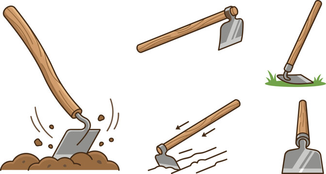 Set of 5 Gardening Hoe Tool Illustrations in Action, Showing Soil Digging and Ground Cultivation for Agricultural and Landscaping Projects