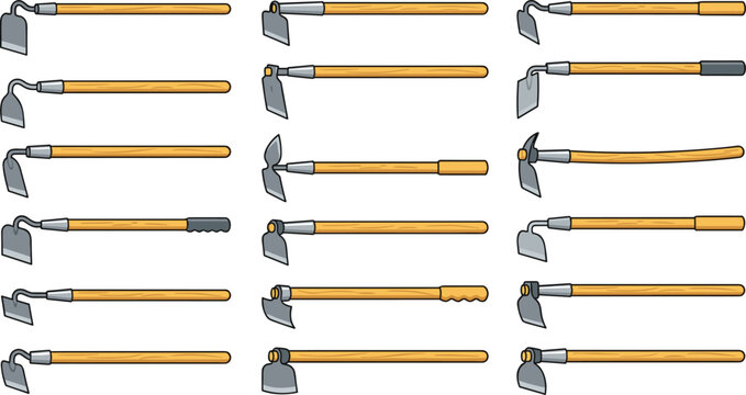 Set of 16 Gardening Hoe Tools with Various Blade and Handle Designs for Agricultural, Landscaping, and Garden Work Illustrations